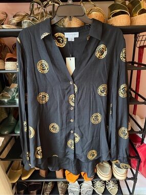 Never Fully Dressed Black Button-Down Shirt with Gold Medallion Print